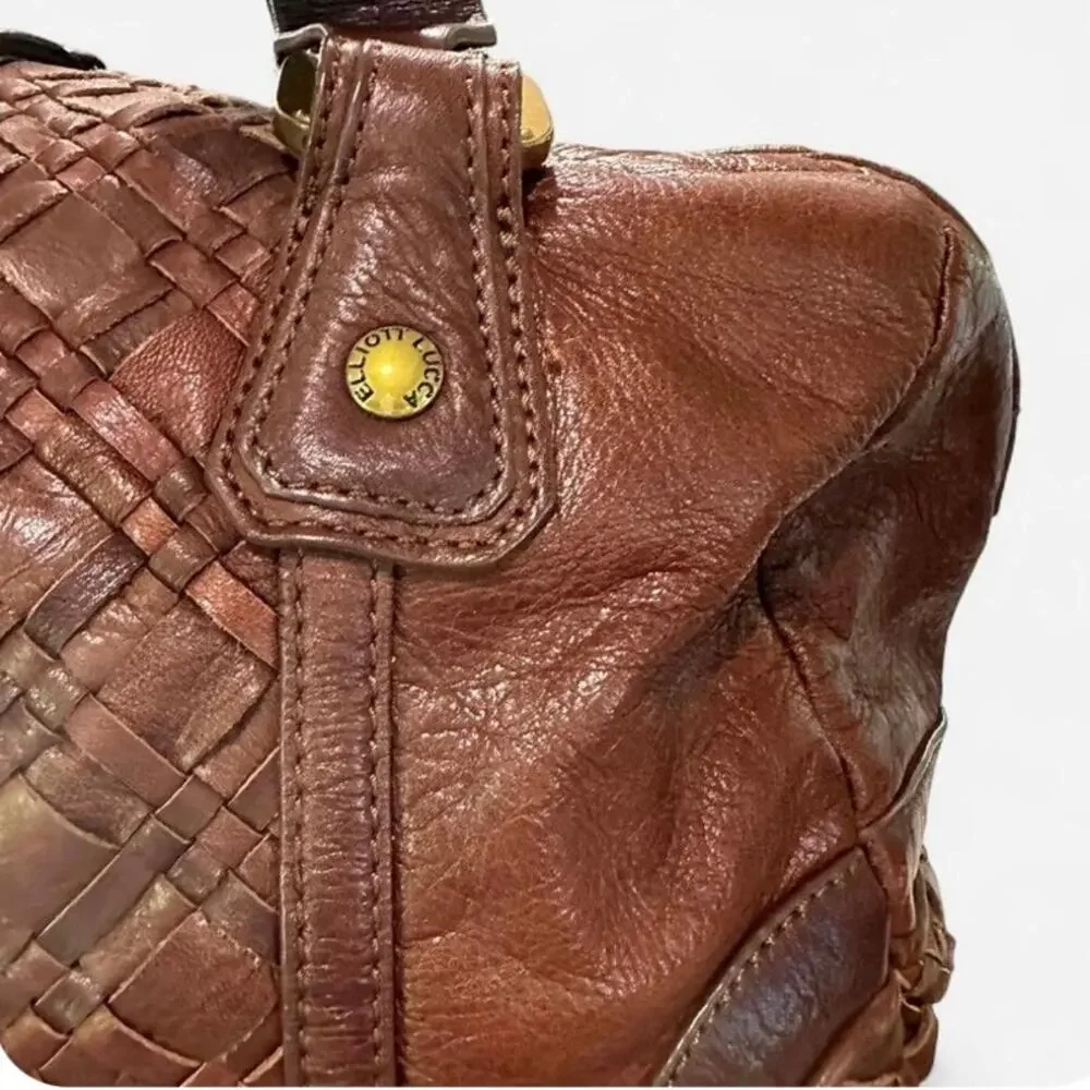 Elliot Lucca Brown Leather Satchel Y2K Woven Detail Top Handle Bag